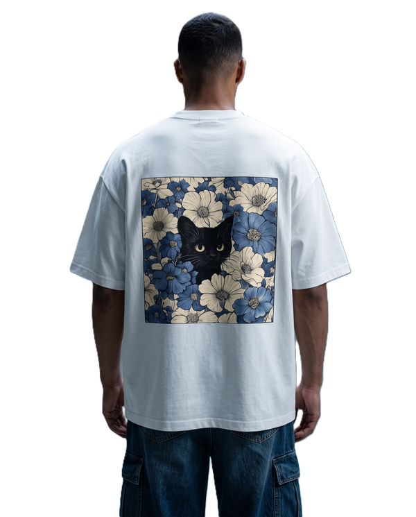 Midnight Cat Bloom Graphic Oversized T-Shirt